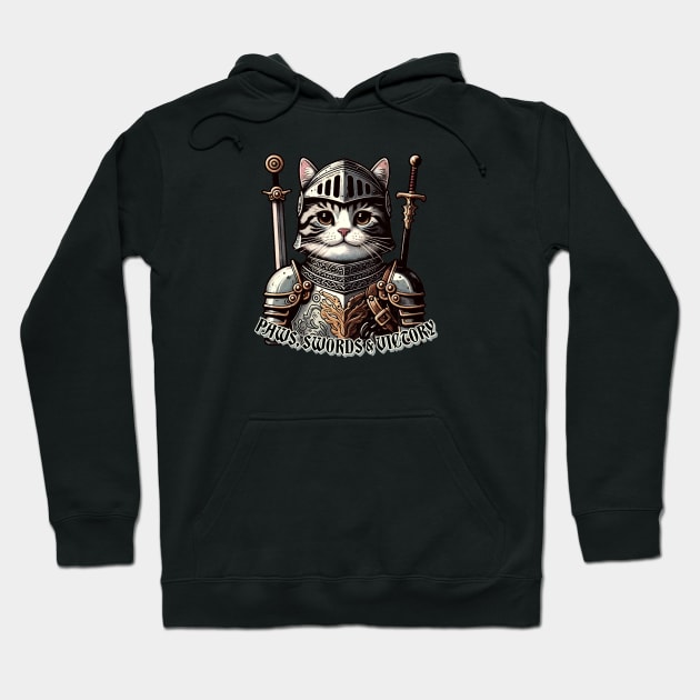 Victorious Feline Knight - Cat in Medieval Armor with Sword Hoodie by Conversion Threads